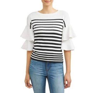 Lost + Wander Sweater Womens Small Black/White Soft Stripe Double Flare Sleeve